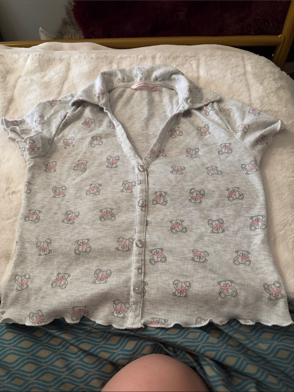 Gray Knit Button-Up Top with Pink Bear Print